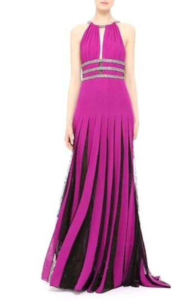 Shop Badgley Mischka Couture Silk Halter Gown With Lace Pleats In Orchid/ Smoke