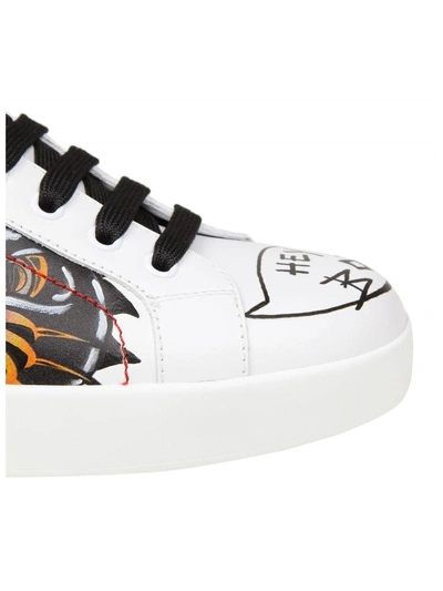 Shop Dolce & Gabbana Portofino Sneakers In Printed Calf With Applications In White