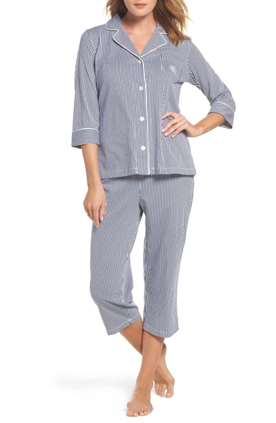 Ralph Lauren Knit Crop Pajamas In Windsor Navy/ White Stripe