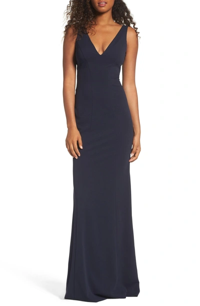 Shop Katie May Mischka V-neck Crepe Gown In Navy