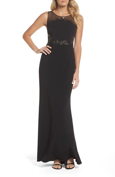 Shop Adrianna Papell Embellished Knit Crepe Gown In Black