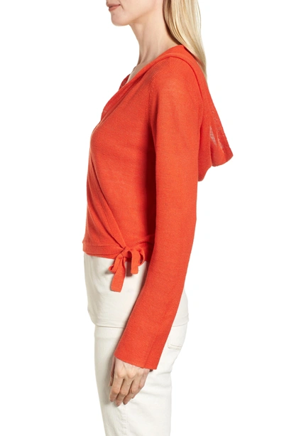 Shop Eileen Fisher Organic Linen Knit Hooded Wrap Cardigan In Hot Red
