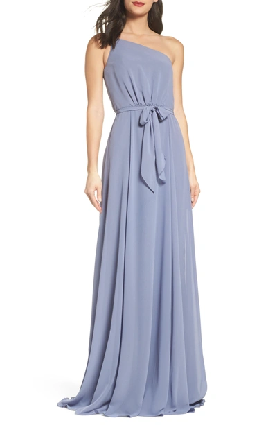 Shop Amsale One-shoulder Chiffon A-line Gown In Slate