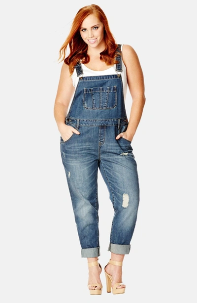 Shop City Chic 'over It All' Distressed Denim Overalls In Light Denim