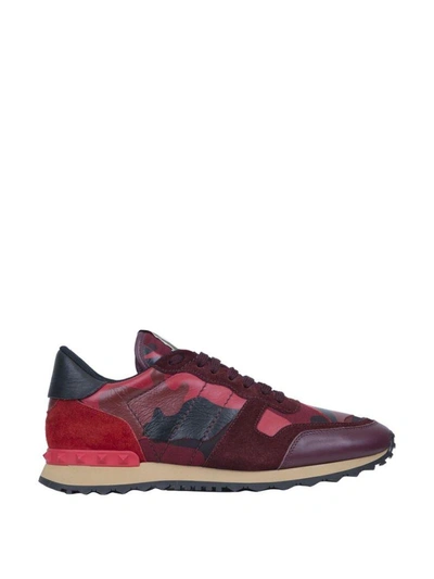 Shop Valentino Rockrunner Camouflage Leather Sneakers In Rosso