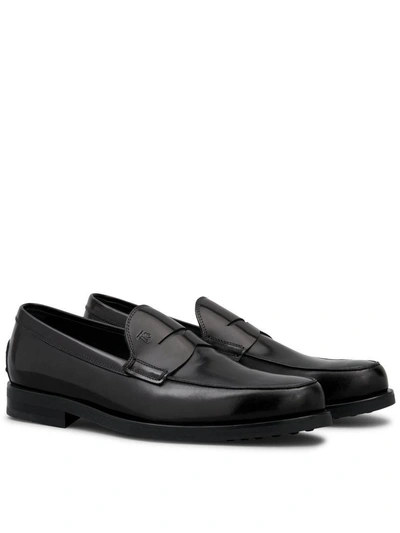 Shop Tod's Brushed Leather Loafers In Black