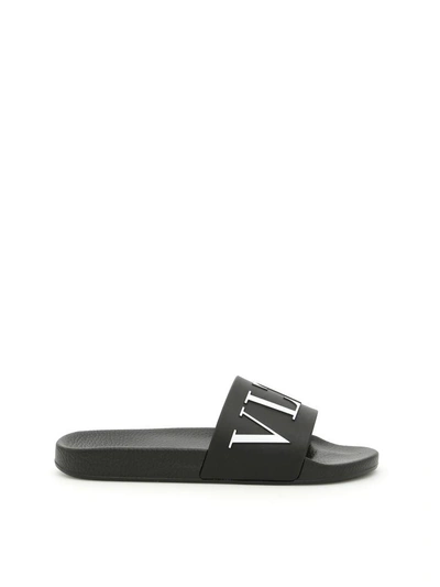 Shop Valentino Pvc Logo Slides In Nero Biancobianco