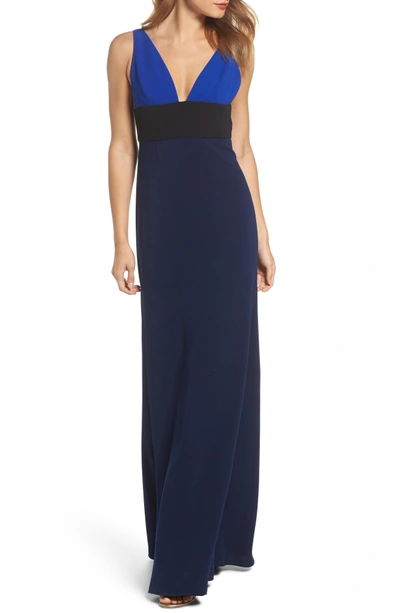 Shop Jill Jill Stuart Colorblock V-neck Gown In China Blue/ Black/ Midnight