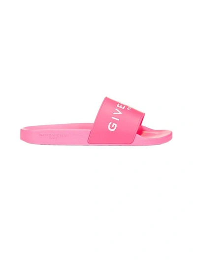 Shop Givenchy Logo Embossed Sliders In Fuxia Fluo