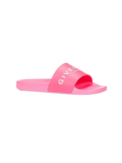 Shop Givenchy Logo Embossed Sliders In Fuxia Fluo