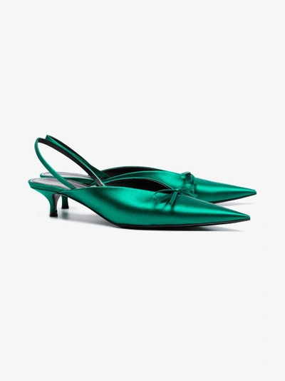 Shop Balenciaga Green Knife 40 Satin Slingback Pumps