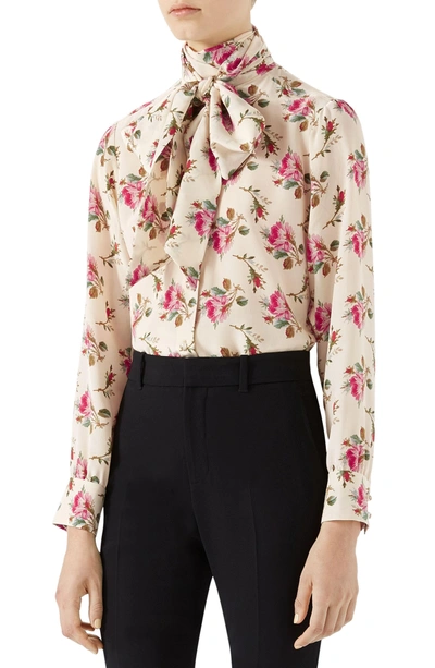 Shop Gucci Rose Print Silk Tie Neck Blouse In Ivory Print/ Multi Print