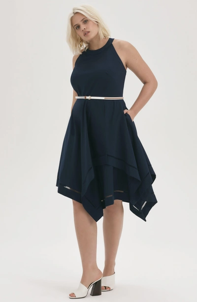 Shop Eliza J Handkerchief Hem Fit & Flare Dress In Navy