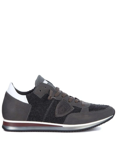 Shop Philippe Model Tropez Sneaker In Grey And Bouclè Leather In Grigio