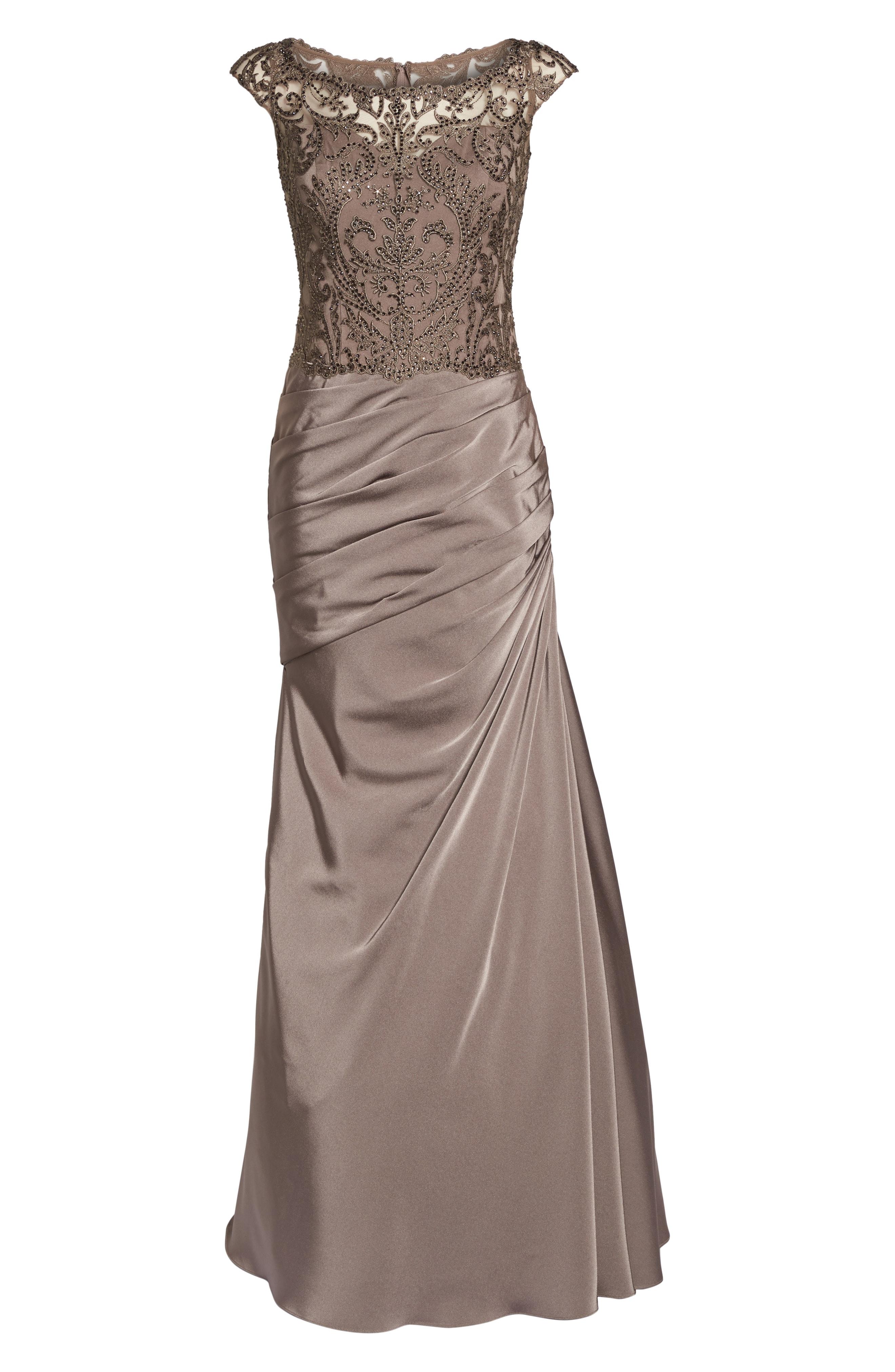 La Femme Beaded Lace Ruched Gown In Cocoa | ModeSens