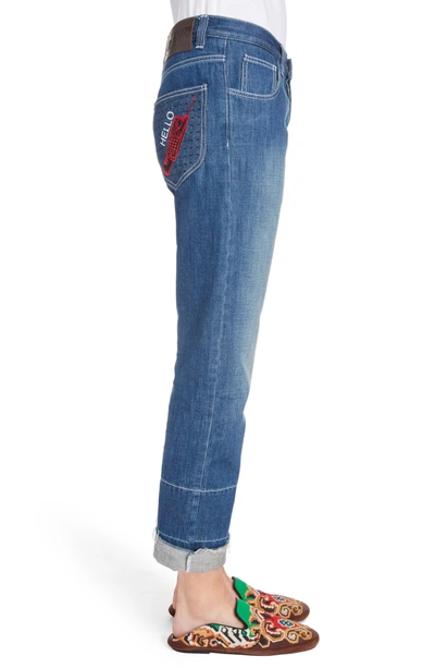 Shop Loewe Embroidered Crop Straight Leg Jeans In Indigo