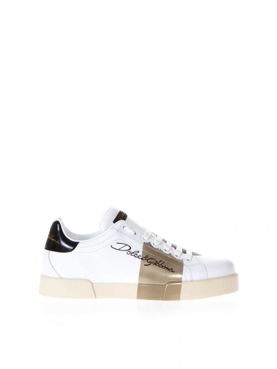 Shop Dolce & Gabbana Portofino White Sneakers In Vernished Leather In White-gold