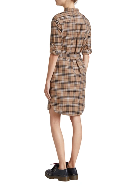 Shop Burberry Kelsy Cotton Check Shirtdress In Camel