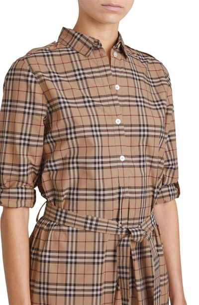 Shop Burberry Kelsy Cotton Check Shirtdress In Camel