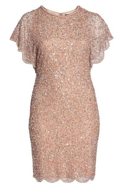Shop Adrianna Papell Beaded Flutter Sleeve Sheath Dress In Rose Gold