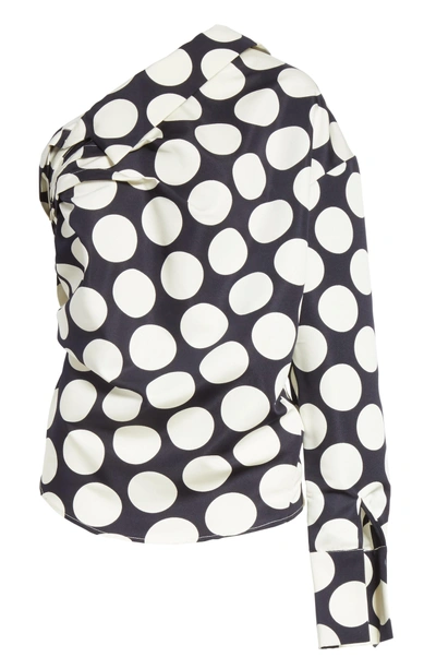 Shop A.w.a.k.e. Giant Polka Dot Twisted One-shoulder Top In Navy/ Off-white