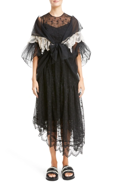 Shop Simone Rocha Asymmetrical Embroidered Tulle Dress In Black