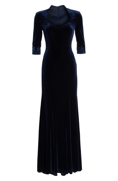 Shop La Femme Velvet Gown In Navy