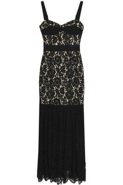 Shop Milly Grograin-trimmed Pleated Guipure Lace Maxi Dress In Black