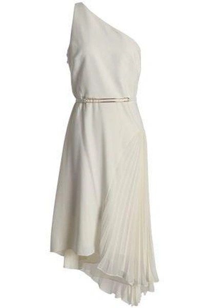 Shop Halston Heritage One-shoulder Asymmetric Pleated Chiffon-paneled Crepe Dress In Ivory