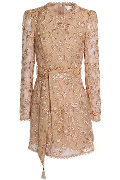 Shop Zimmermann Woman Belted Embroidered Cotton And Silk-blend Gauze Mini Dress Sand