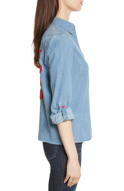 Shop Alice And Olivia Eloise Applique Roll-cuff Shirt In Medium Wash Chambray/ Red