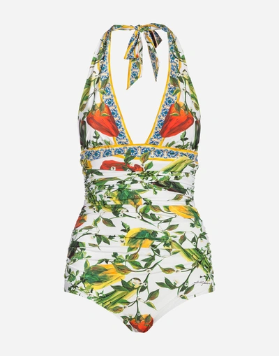 Shop Dolce & Gabbana Printed One-piece Swimsuit In Cream