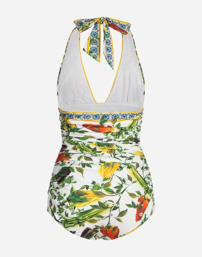 Shop Dolce & Gabbana Printed One-piece Swimsuit In Cream