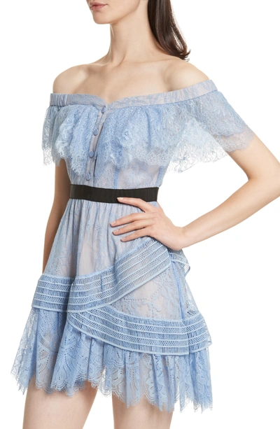 Shop Self-portrait Lace Off The Shoulder Minidress In Baby Blue