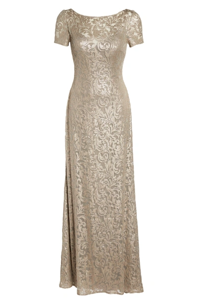 Shop La Femme Shimmer Jacquard Column Gown In Light Gold