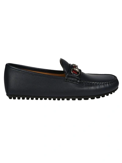 Shop Gucci Web Horsebit Driving Loafers In Blue