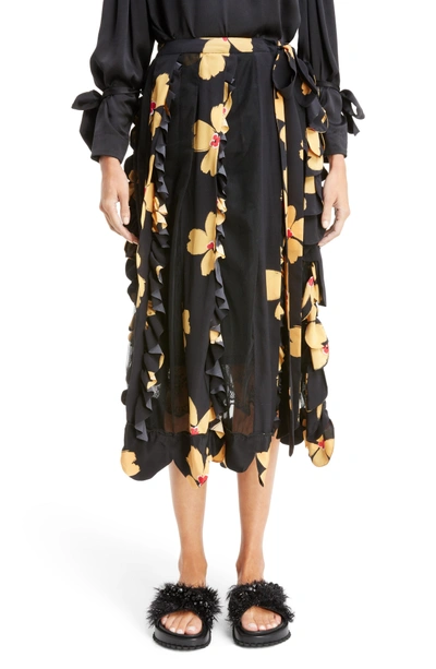 Shop Simone Rocha Turbo Pleat Floral Silk Wrap Skirt In Black Clementine