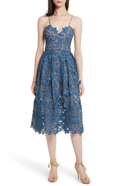 Shop Self-portrait Azaelea 3d Lace Fit & Flare Dress In Slate Blue
