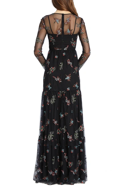 Shop ml Monique Lhuillier Embroidered Mesh Gown In Black Combo
