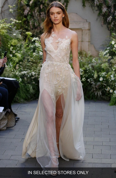 Shop Monique Lhuillier Garland Embroidered Illusion Gown In Sorbet/nude