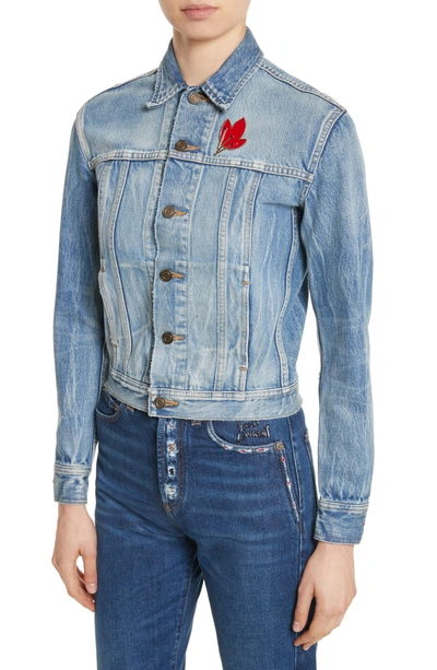 Shop Saint Laurent Party Kitty Denim Jacket In Blue Shadow Wash