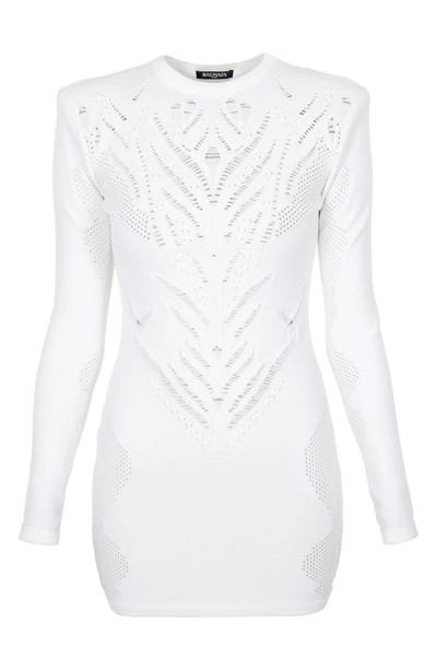 Shop Balmain Perforated Stretch Knit Minidress In Optical White