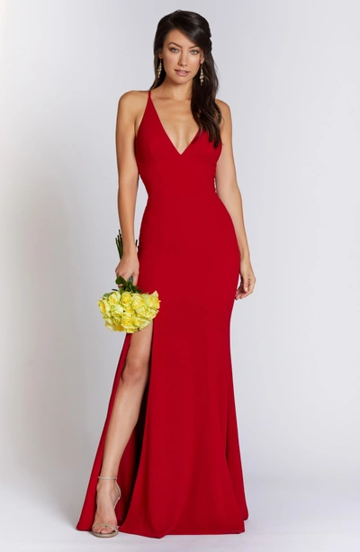 Dress The Population Iris Slit Crepe Gown In Garnet