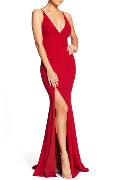 Dress The Population Iris Slit Crepe Gown In Garnet