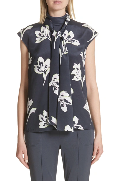 Shop St John Falling Flower Print Stretch Silk Top In Anthracite Multi