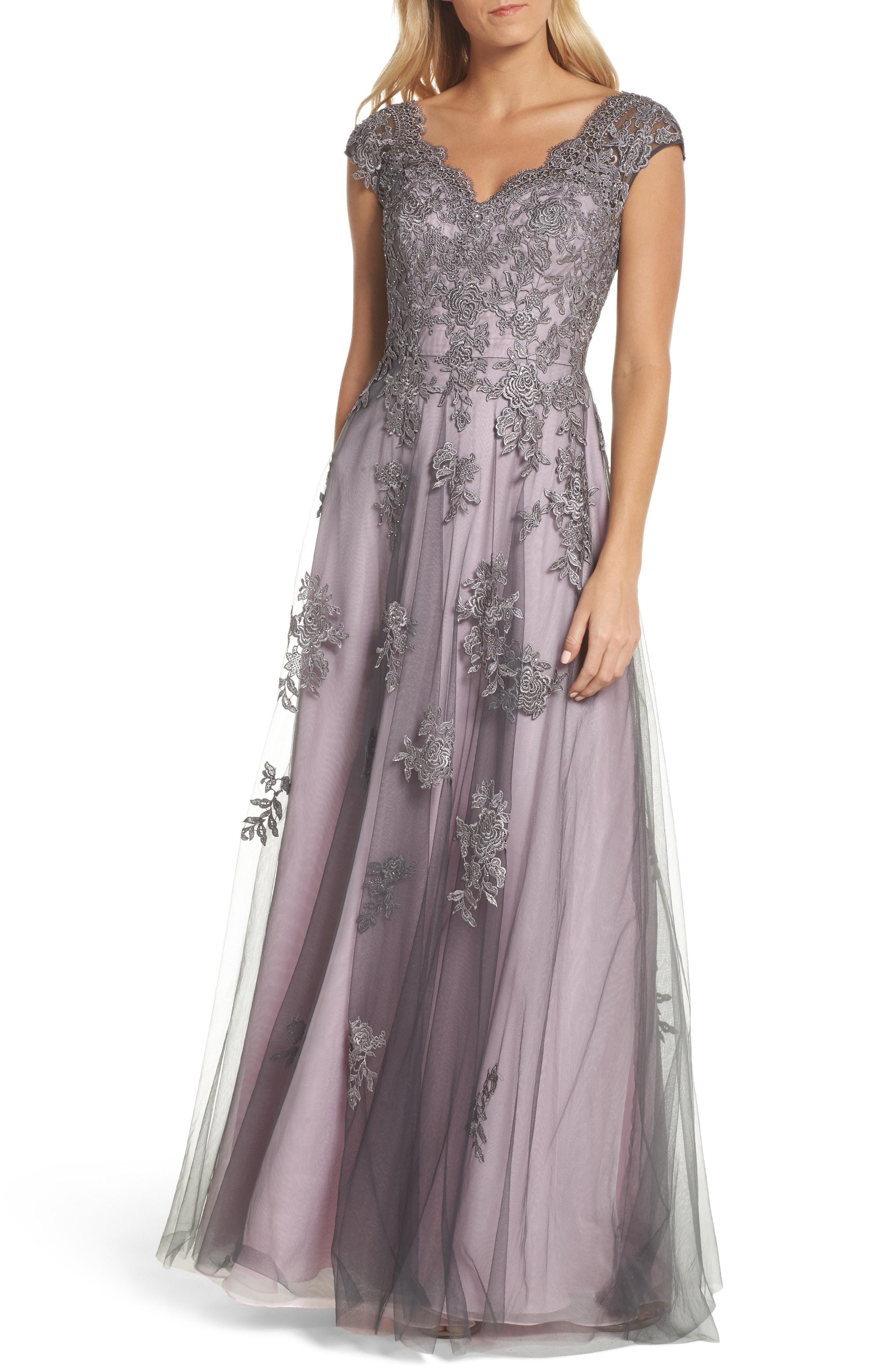La Femme Embellished Mesh ALine Gown In Pink/ Gray ModeSens