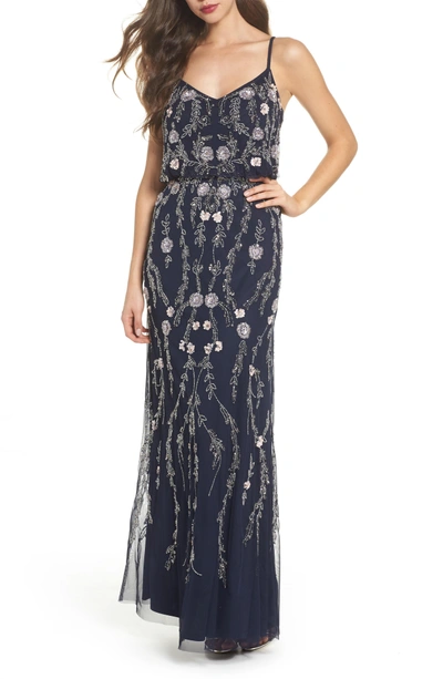Adrianna Papell Floral Beaded Blouson Gown In Navy Multi