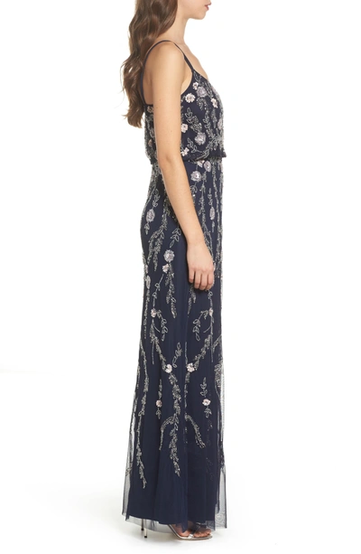 Adrianna Papell Floral Beaded Blouson Gown In Navy Multi