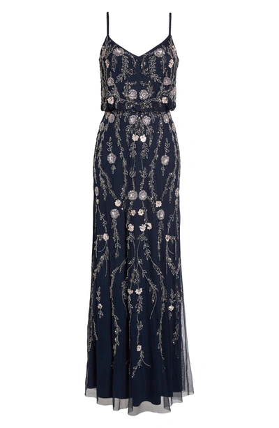 Adrianna Papell Floral Beaded Blouson Gown In Navy Multi