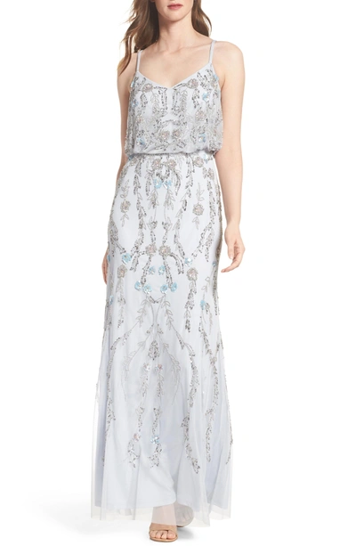 Shop Adrianna Papell Mesh Blouson Gown In Serenity Blue